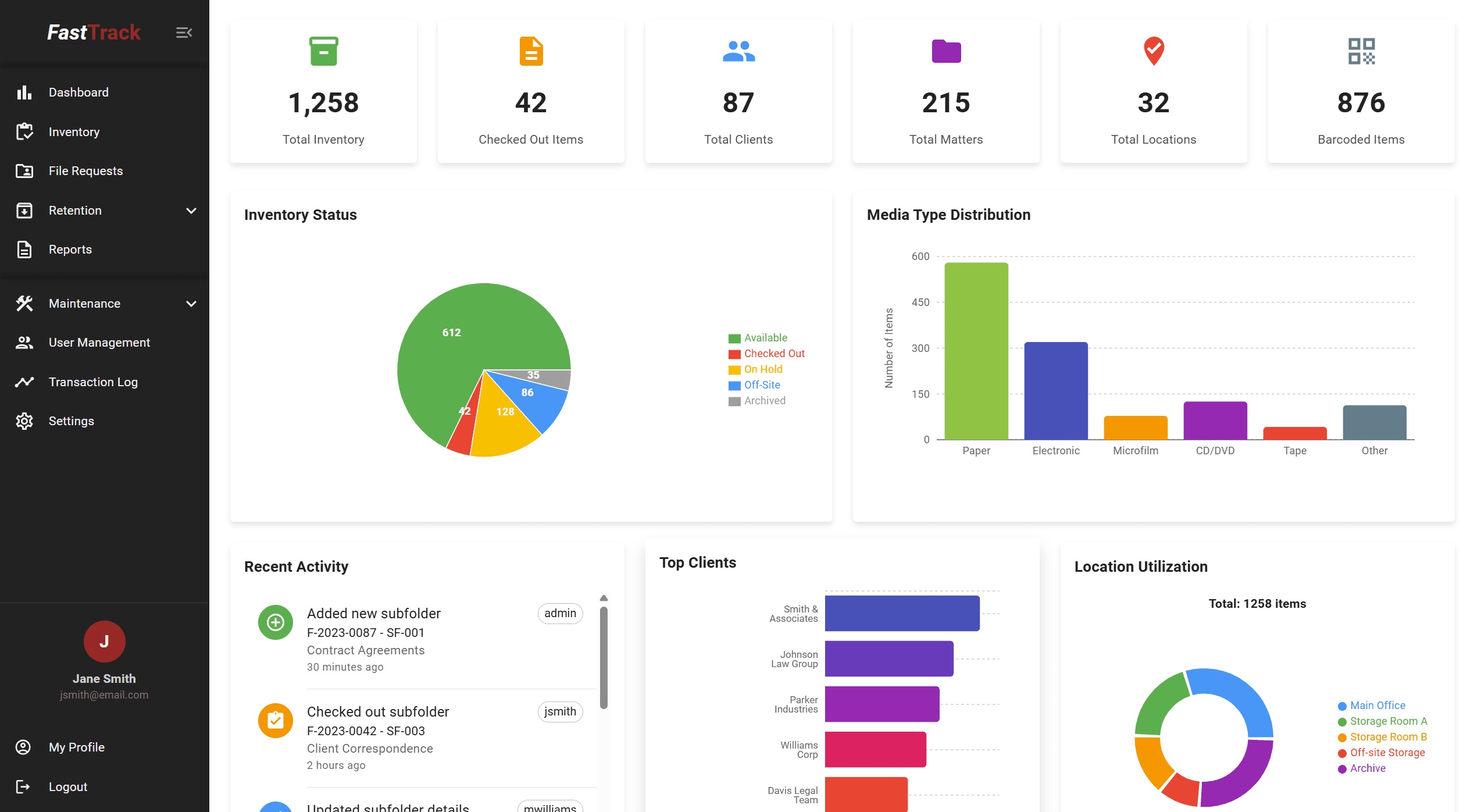 FastTrack custom reporting interface with Excel export, filtering options, and compliance analytics for law firm records