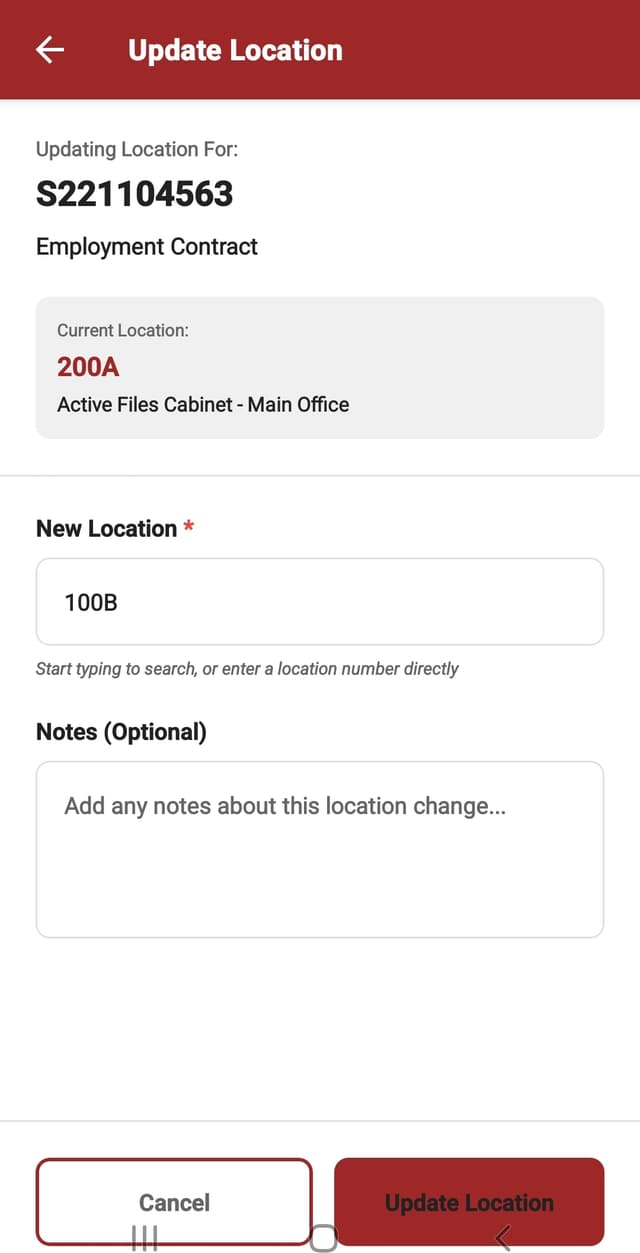 FastTrack mobile location tracking showing current file location, checkout history, and return status